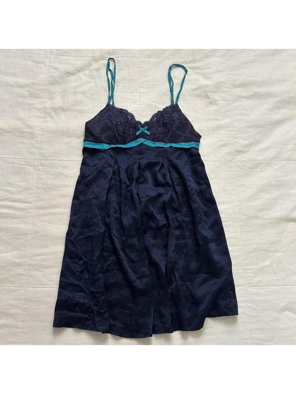 Elle Macpherson Intimates Navy blue lace silk babydoll dress with teal ribbon